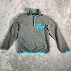 Patagonia Synchilla Fleece Pullover Gray Teal Trim Snap Neck Women's Medium RIP